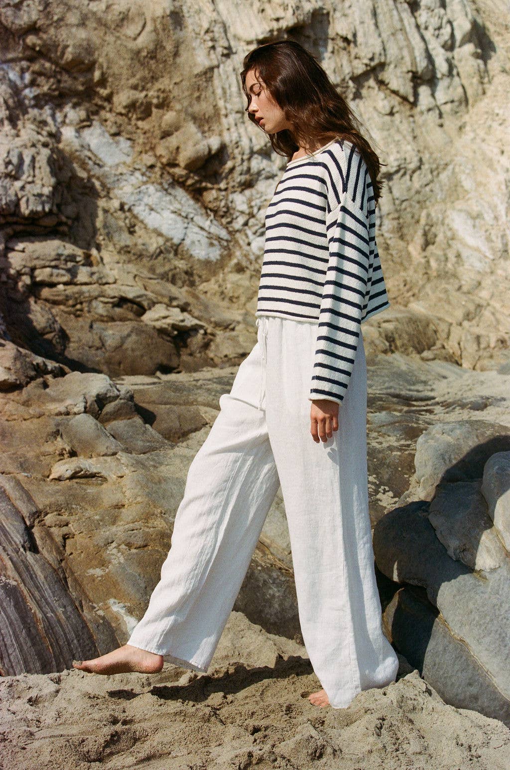 Knit Cotton Sweater Striped Long Sleeve Top: Ivory Navy