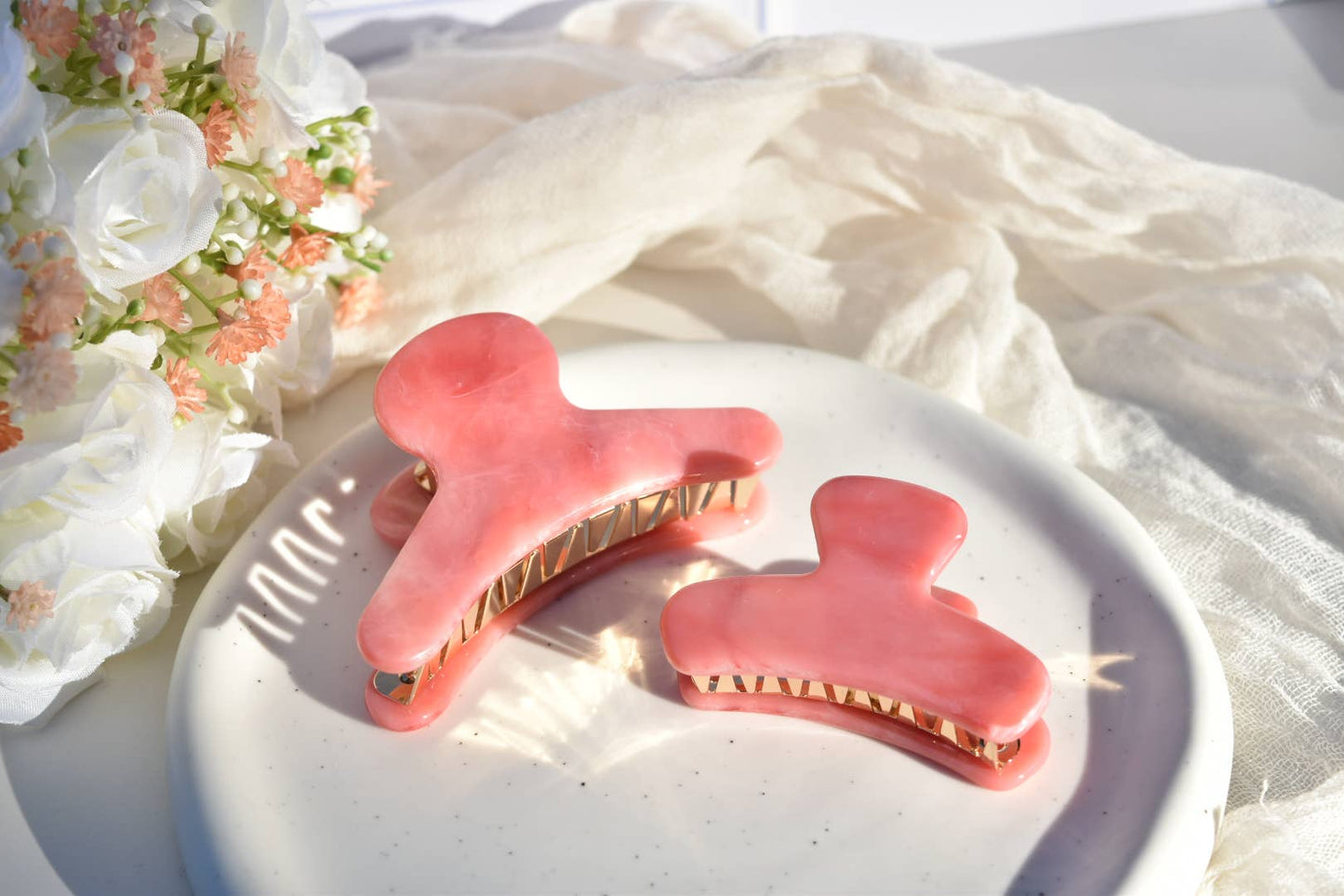 French Claw in Rose Quartz | Pink White Swirl Acetate Claw