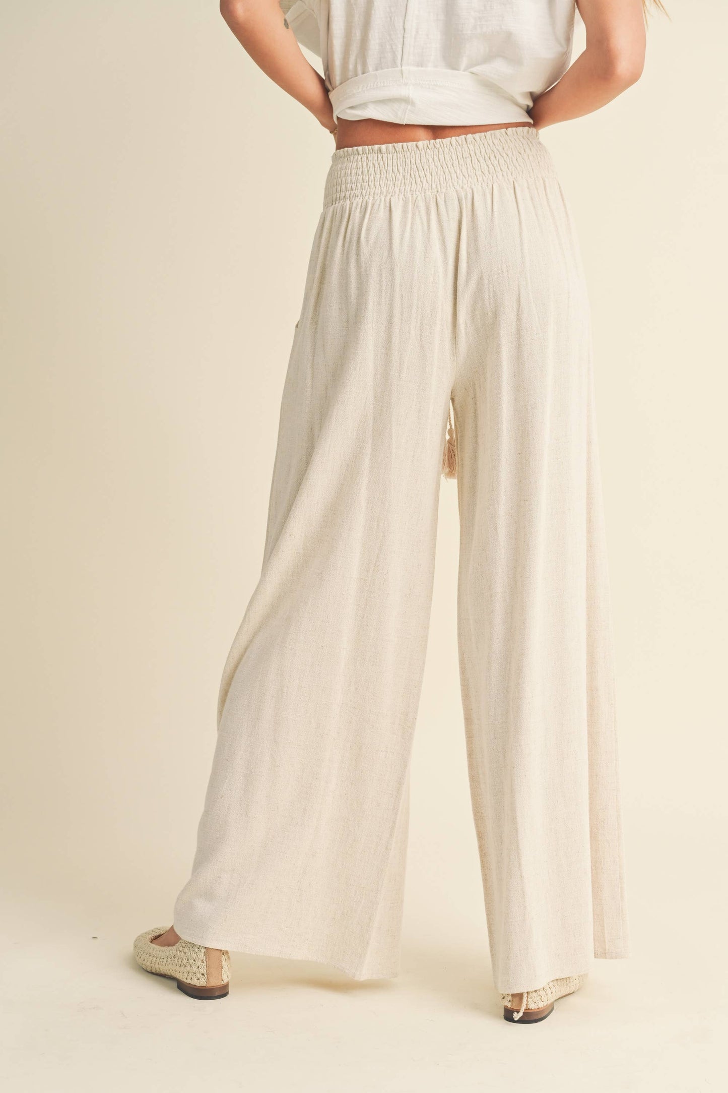 Cotton Linen Smocked Waist Pants