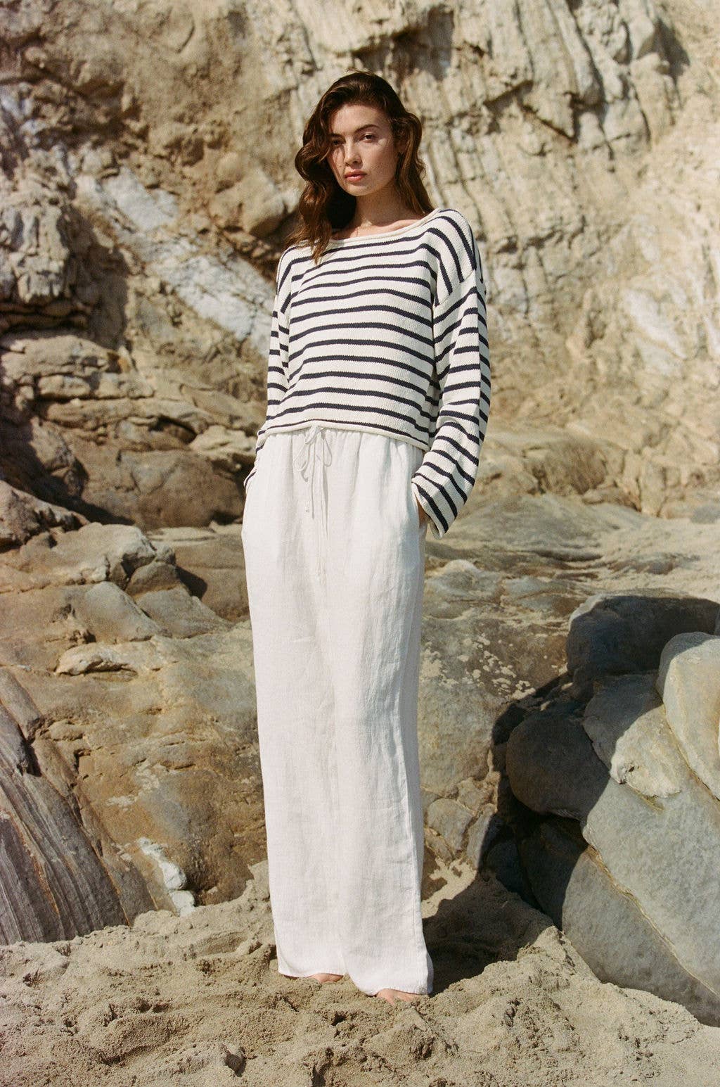 Knit Cotton Sweater Striped Long Sleeve Top: Ivory Navy