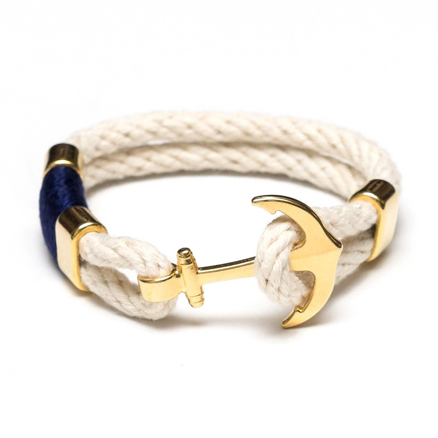 Waverly - Ivory/Navy/Gold - Nautical Rope Anchor Bracelet: S