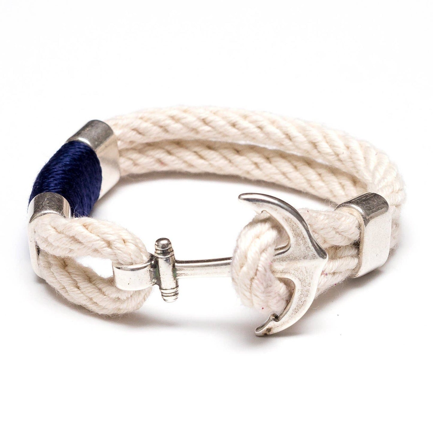 Waverly - Ivory/Navy/Silver - Nautical Rope Anchor Bracelet: M
