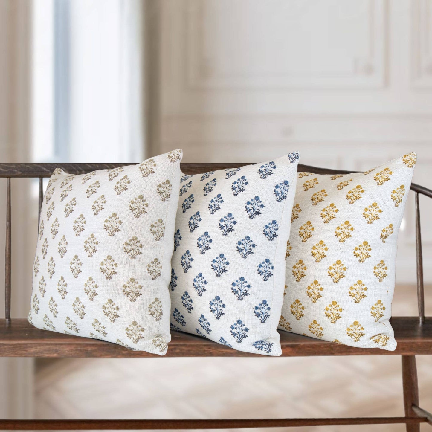Isabella Blue Floral Block Print Pillow COVER
