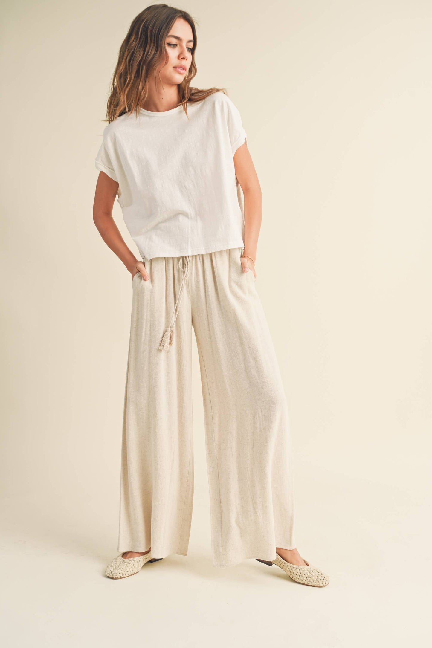 Cotton Linen Smocked Waist Pants