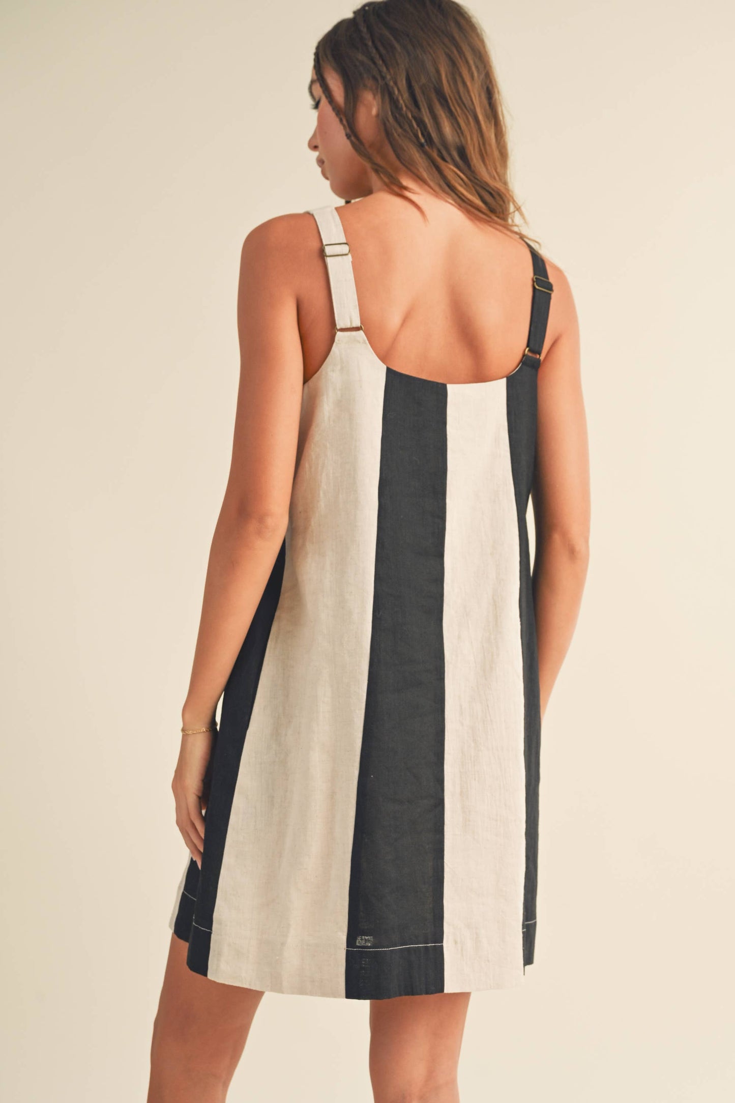 COLOR BLOCK LINEN MINI DRESS: BLACK/OATMEAL / S