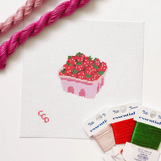 18/Hand-Painted Strawberry Basket Needlepoint Canvas 3” 18 mesh