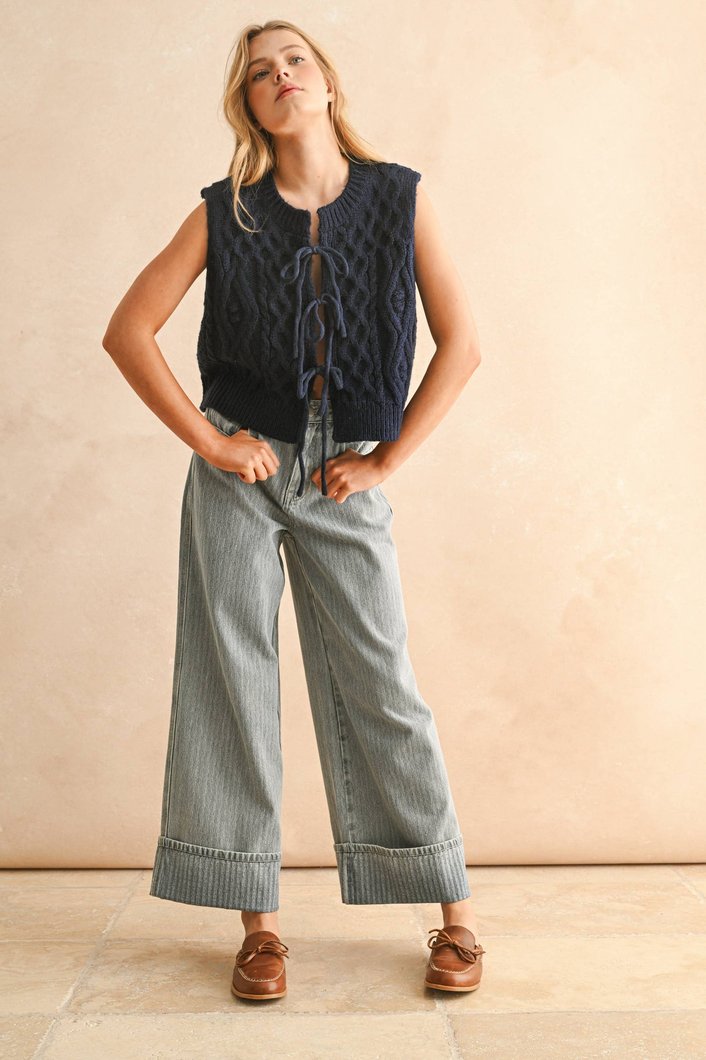 TIE FRONT CABLE KNITTED VEST NAVY