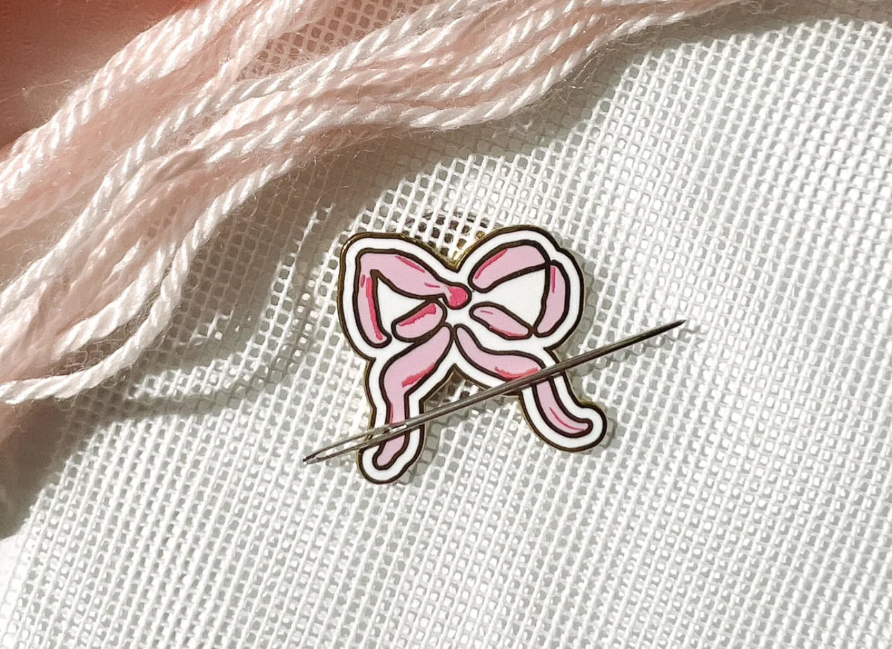 pink bow needle minder for needlepoint & embroidery