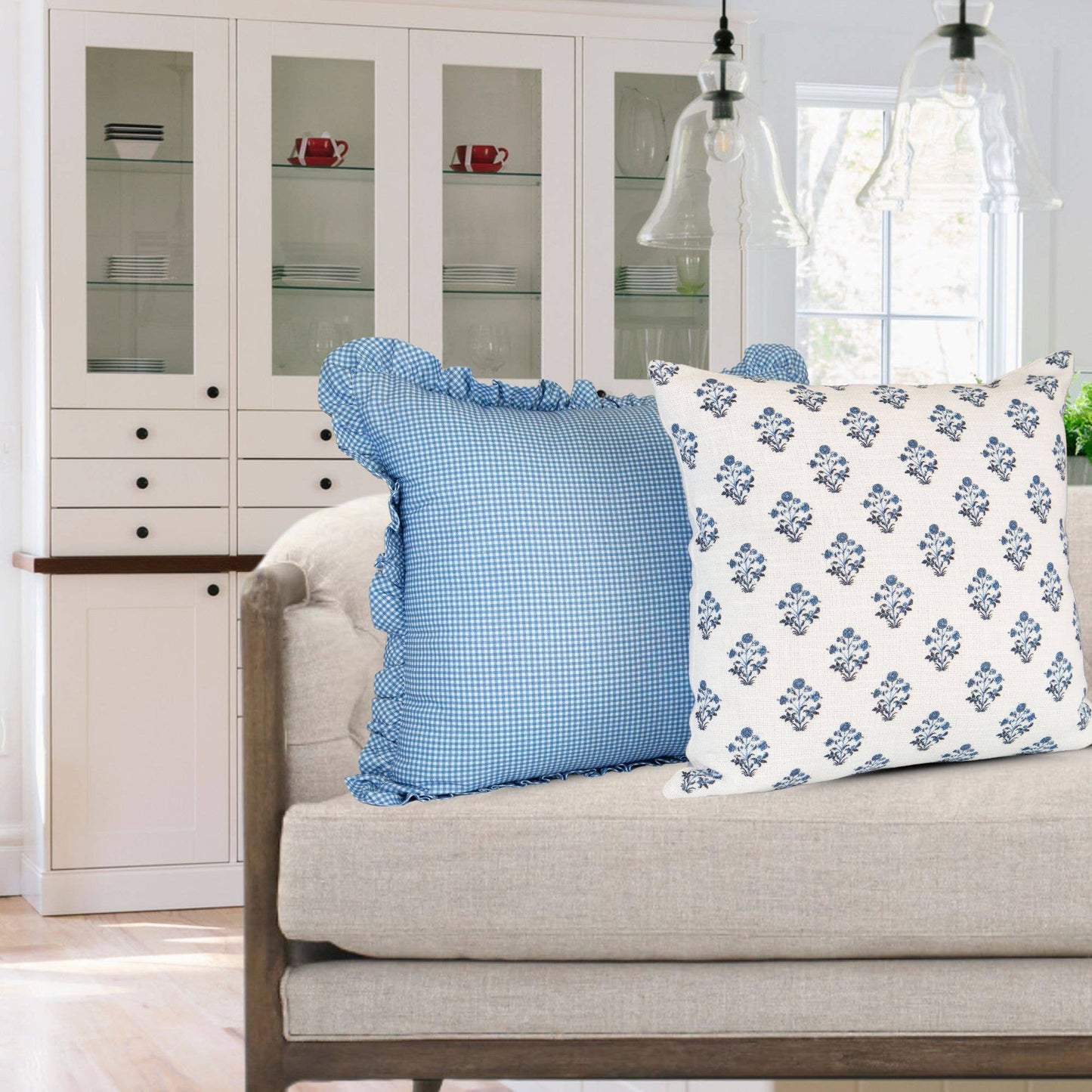 Isabella Blue Floral Block Print Pillow COVER