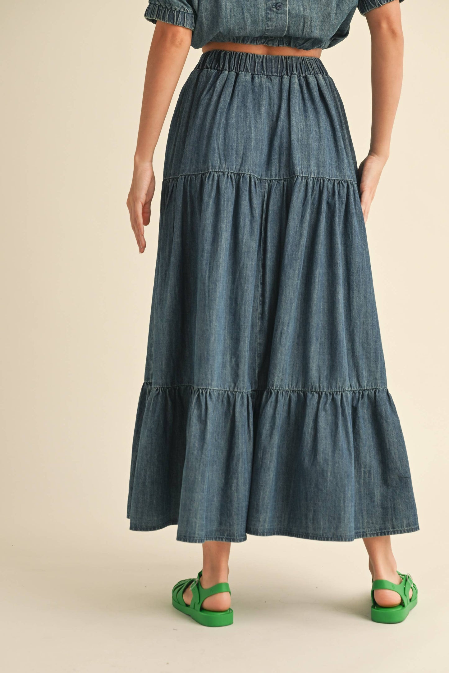 TIERED DENIM SKIRT: INDIGO BLUE /