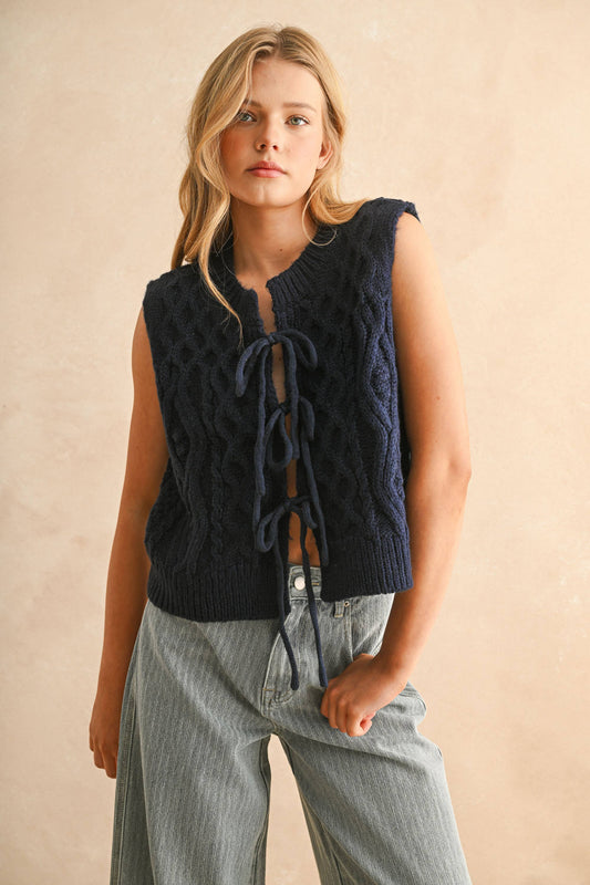 TIE FRONT CABLE KNITTED VEST NAVY