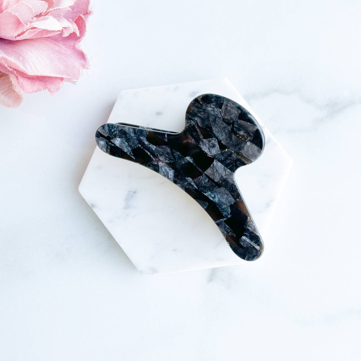 French Claw in Pebble | Black Grey Shimmer Acetate Claw