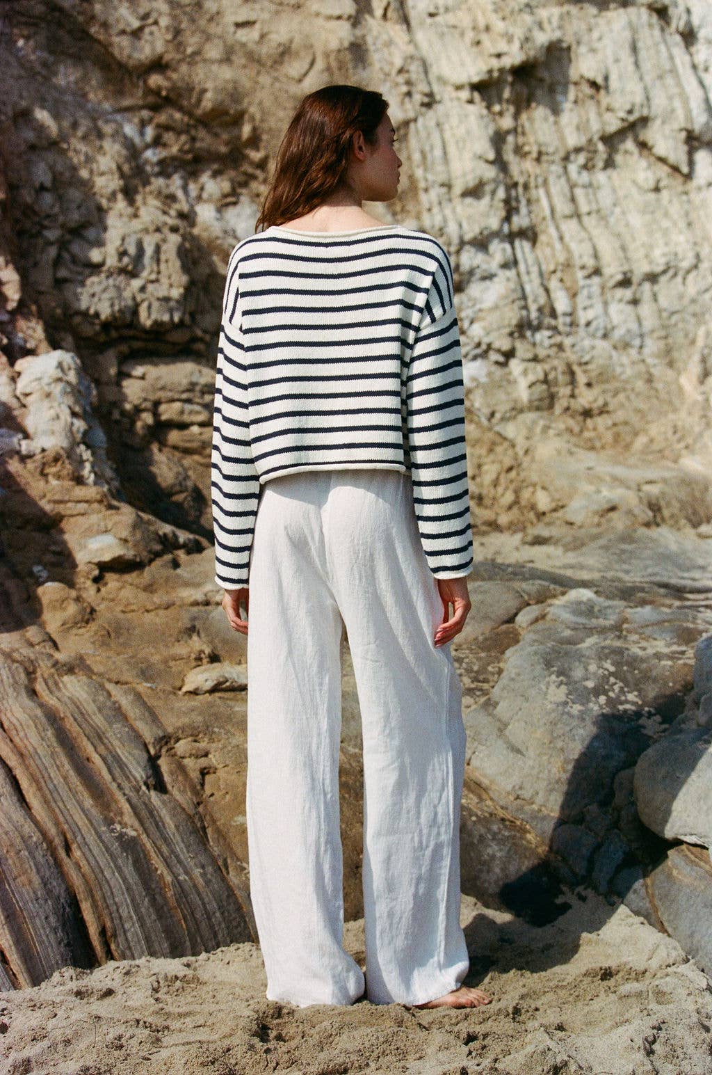 Knit Cotton Sweater Striped Long Sleeve Top: Ivory Navy