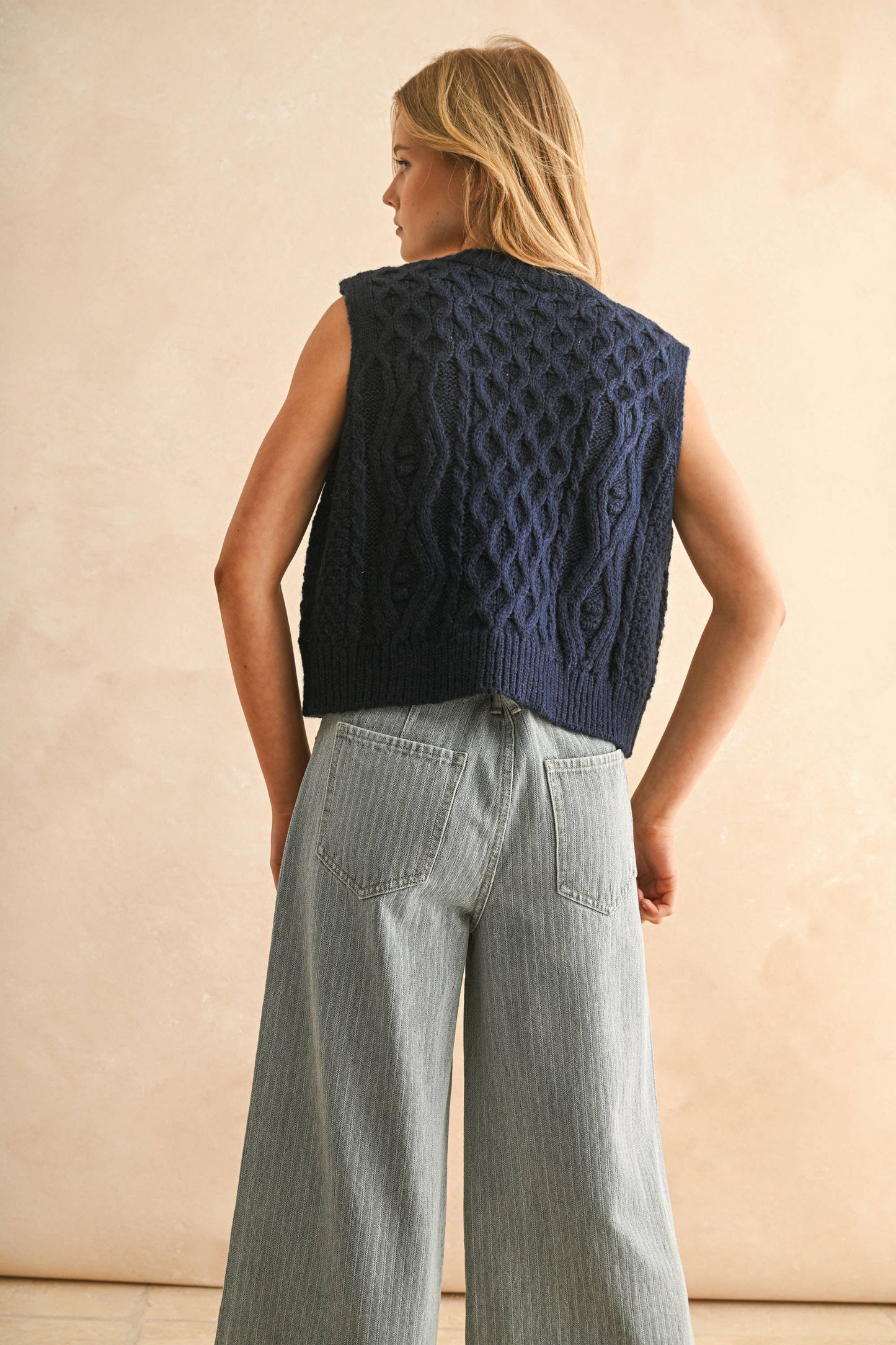 TIE FRONT CABLE KNITTED VEST NAVY