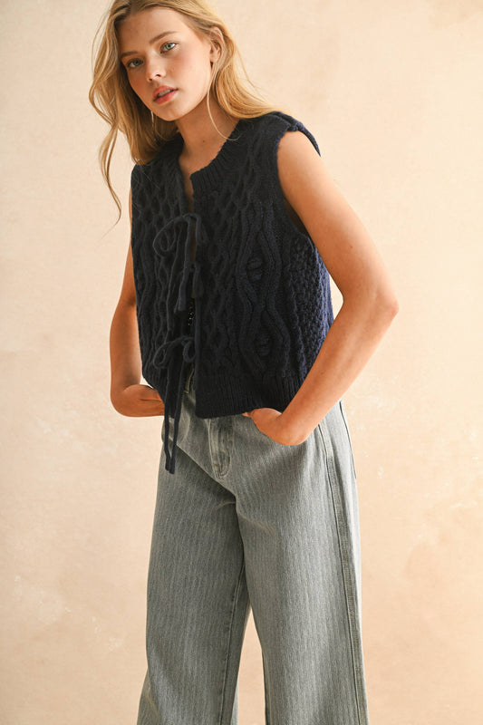 TIE FRONT CABLE KNITTED VEST NAVY