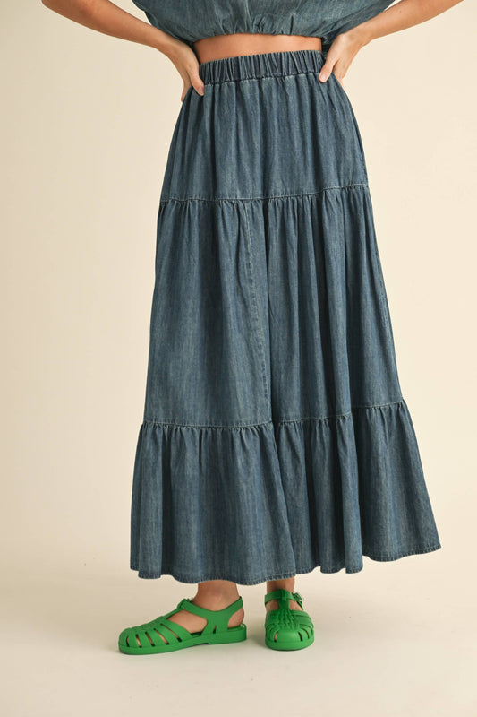 TIERED DENIM SKIRT: INDIGO BLUE /