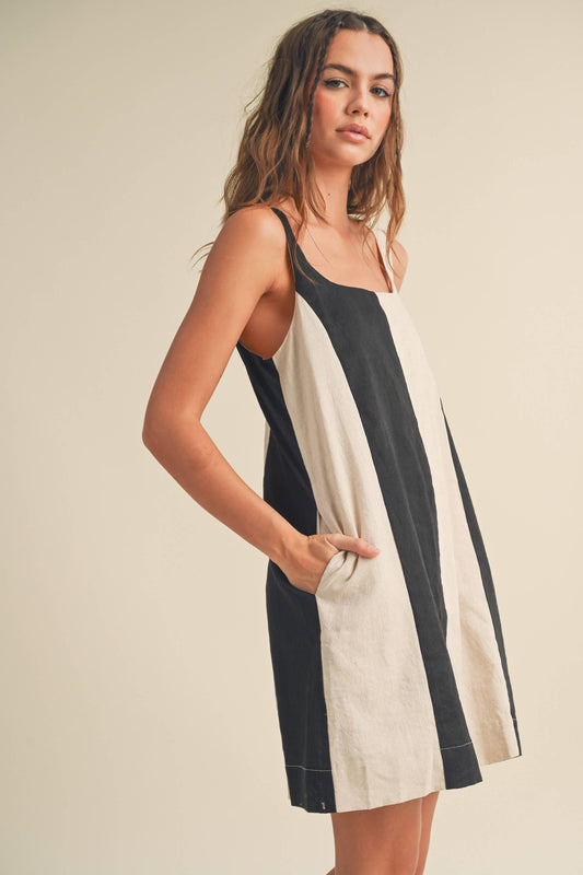 COLOR BLOCK LINEN MINI DRESS: BLACK/OATMEAL / S
