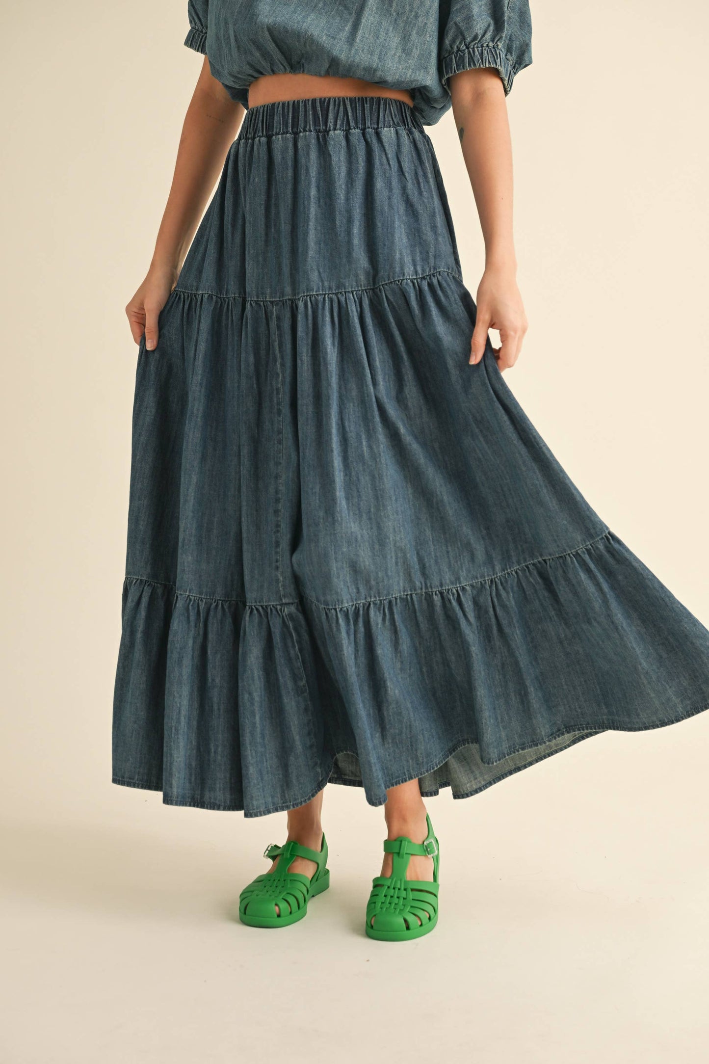 TIERED DENIM SKIRT: INDIGO BLUE /