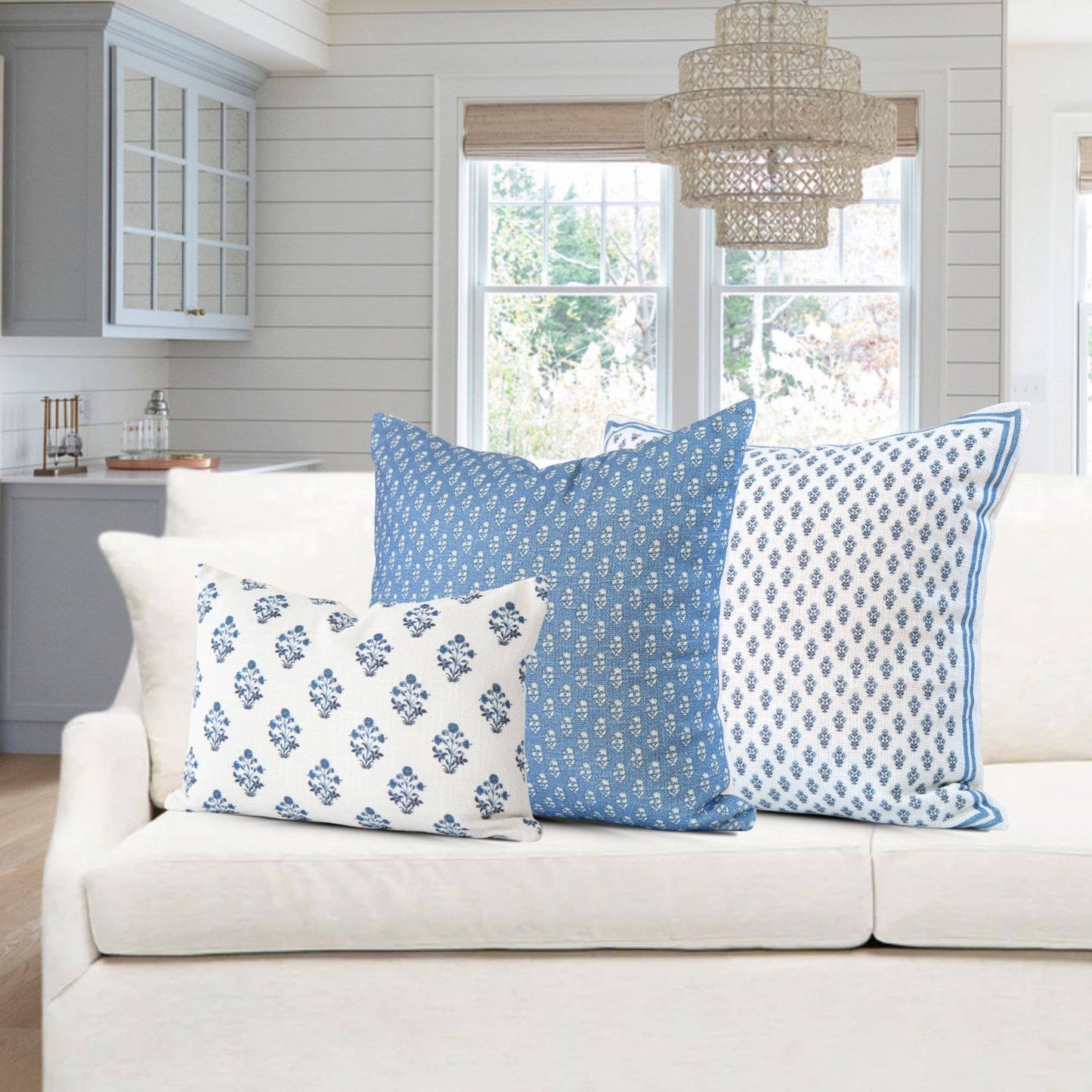 Isabella Blue Floral Block Print Pillow COVER