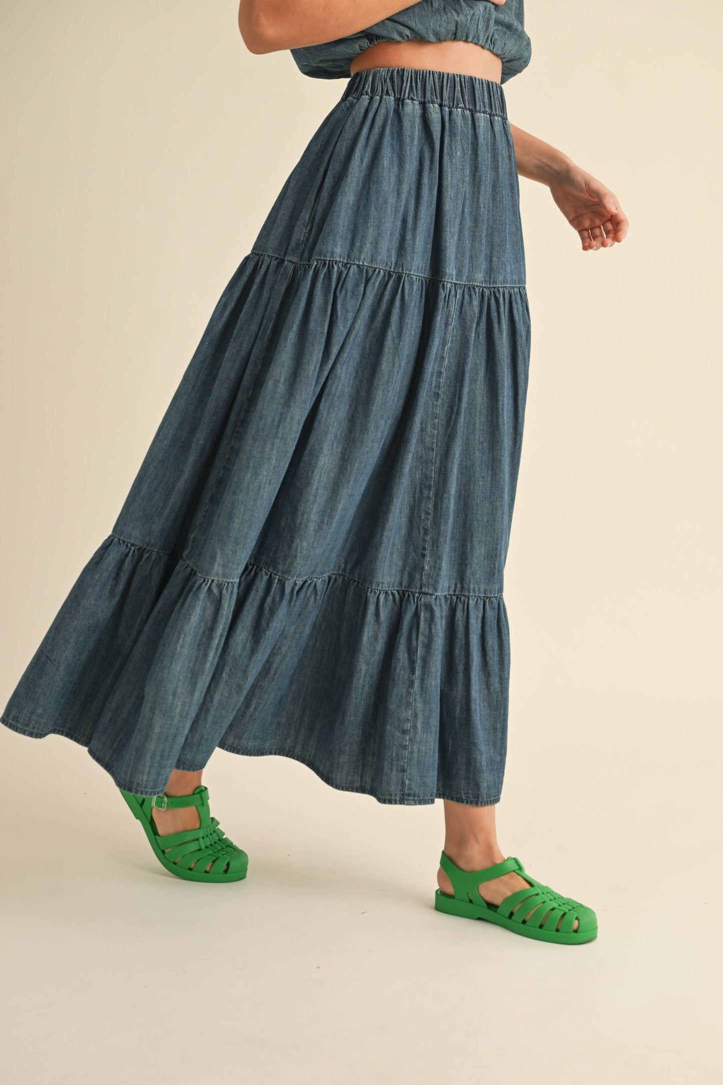 TIERED DENIM SKIRT: INDIGO BLUE /