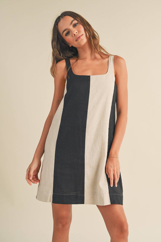 COLOR BLOCK LINEN MINI DRESS: BLACK/OATMEAL / S