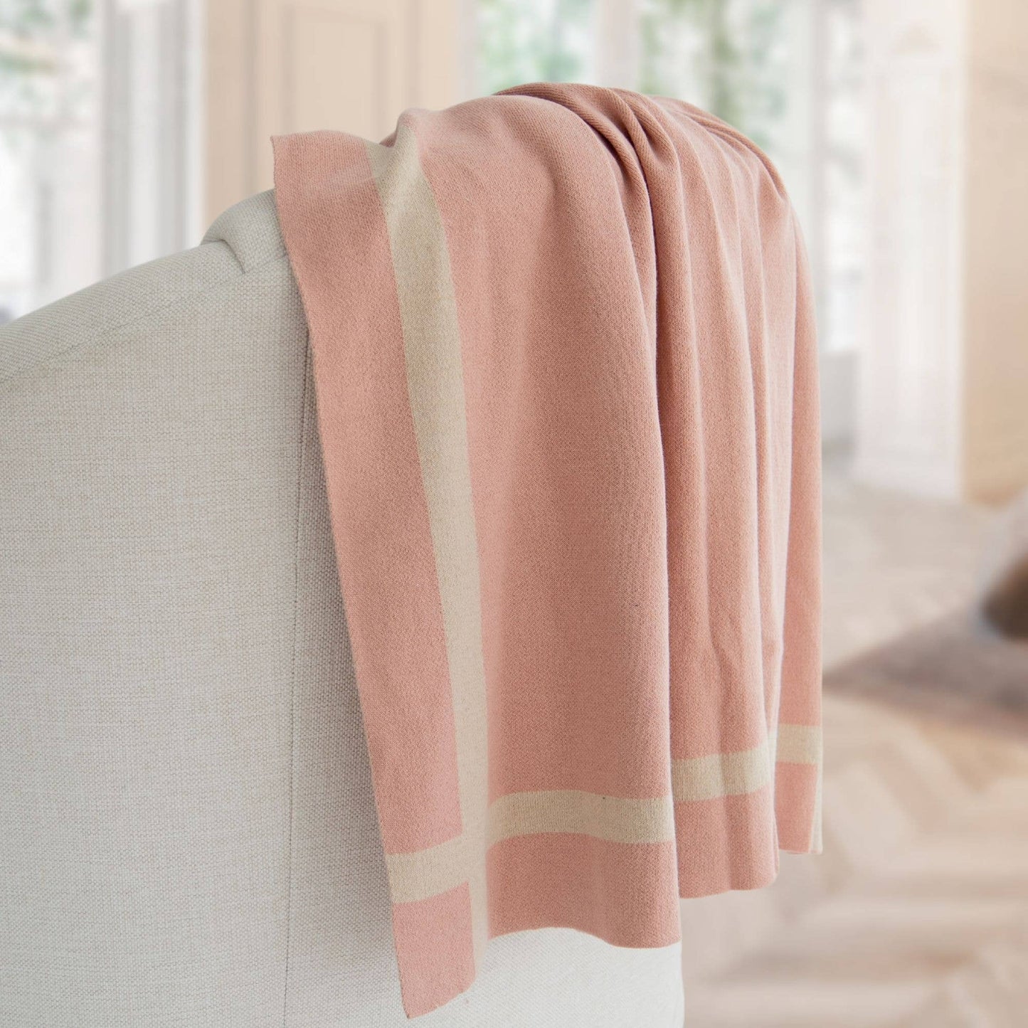 Luxurious Jouri Equestrian Stripe Cotton Knit Throw Blanket : Dusty Blush