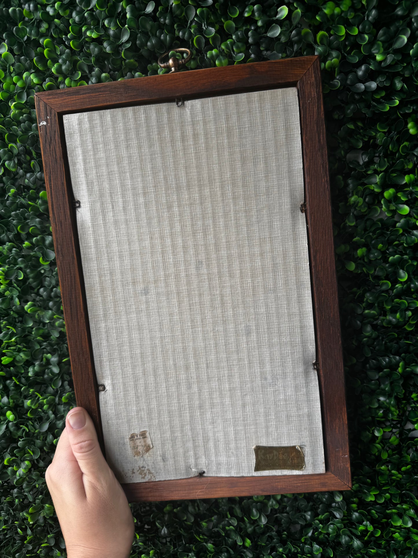 Vintage linen print in wood frame