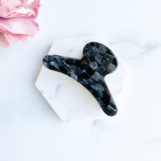 French Claw in Pebble | Black Grey Shimmer Acetate Claw
