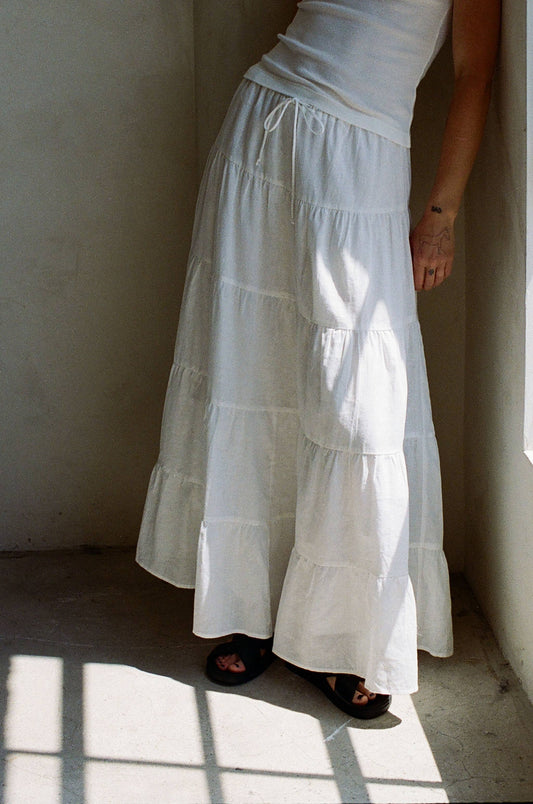 Woven Linen Cotton Tiered Maxi Skirt: Off White