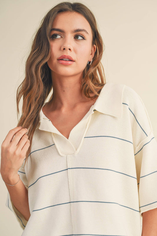Striped Pattern Knitted collar oversized top