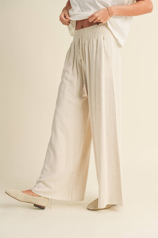 Cotton Linen Smocked Waist Pants