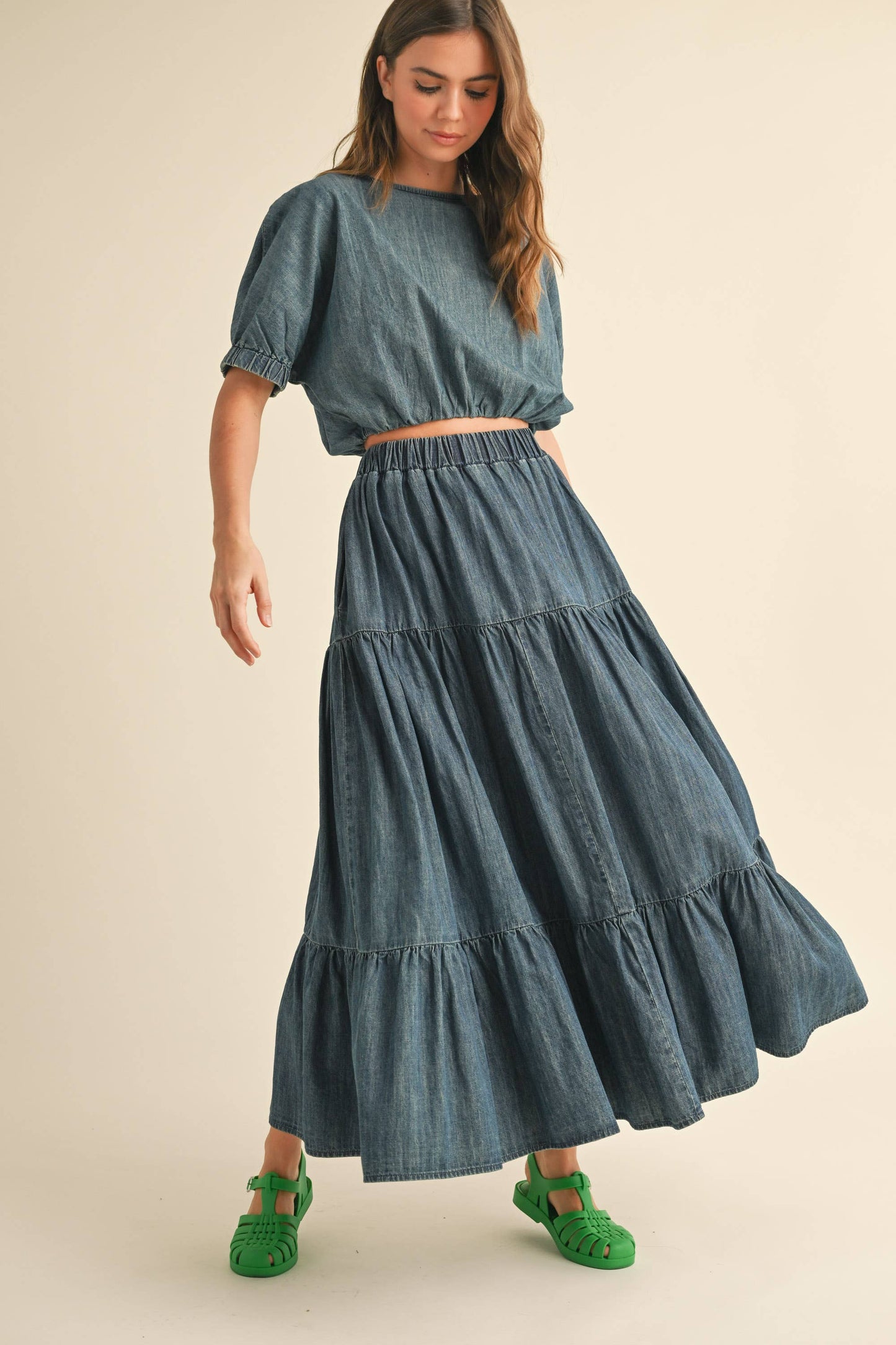 TIERED DENIM SKIRT: INDIGO BLUE /